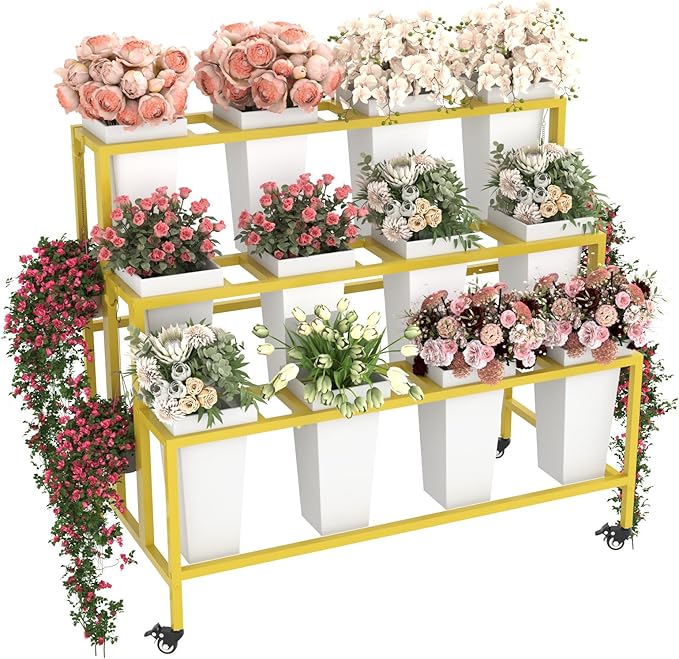 Flower Cart Display Stand with Buckets & Wheels – 3-Tier Mobile Flower Bar Cart for Shops, Weddings, Garden, and Home – Includes 12 Buckets & 4 Hooks (Gold)