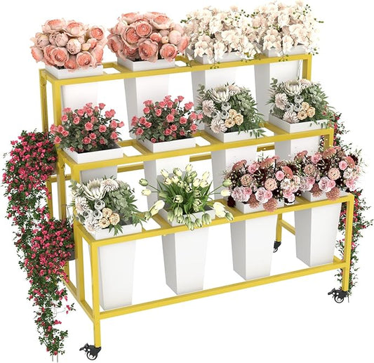 Flower Cart Display Stand with Buckets & Wheels – 3-Tier Mobile Flower Bar Cart for Shops, Weddings, Garden, and Home – Includes 12 Buckets & 4 Hooks (Gold)