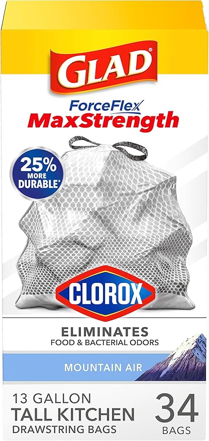 Glad ForceFlex MaxStrength with Clorox Tall Kitchen Trash Bags, 13 Gal, 34 Ct (Package May Vary)