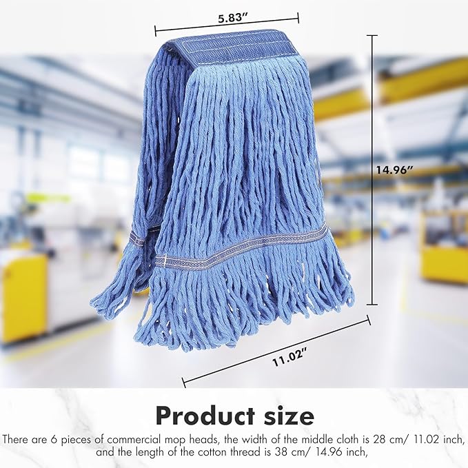 KULED Commercial Mop Head Replacement, Heavy Duty Industrial Cotton Mop Heads, Looped-End String Wet Mop Head for General and Floor Cleaning, Blue (3 Count)