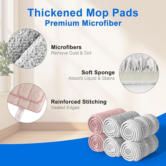 JOYMOOP Mop Replacement Pads, Reusable Microfiber Mop Pads for 13-inch Flat Mop and Mop Bucket Set, Pack of 6 Refills - Pink, Grey and Stripe