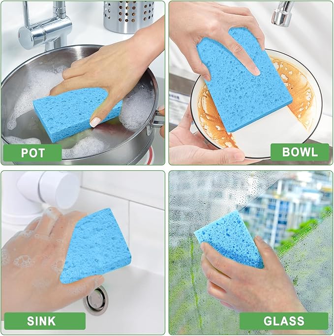 Non-Scratch Kitchen Sponges 6 PCS | Compressed Cellulose Sponges | Natural Biodegradable Sponge for Kitchen Dishes Bathroom Cars | DIY Cut-Outs for Kids