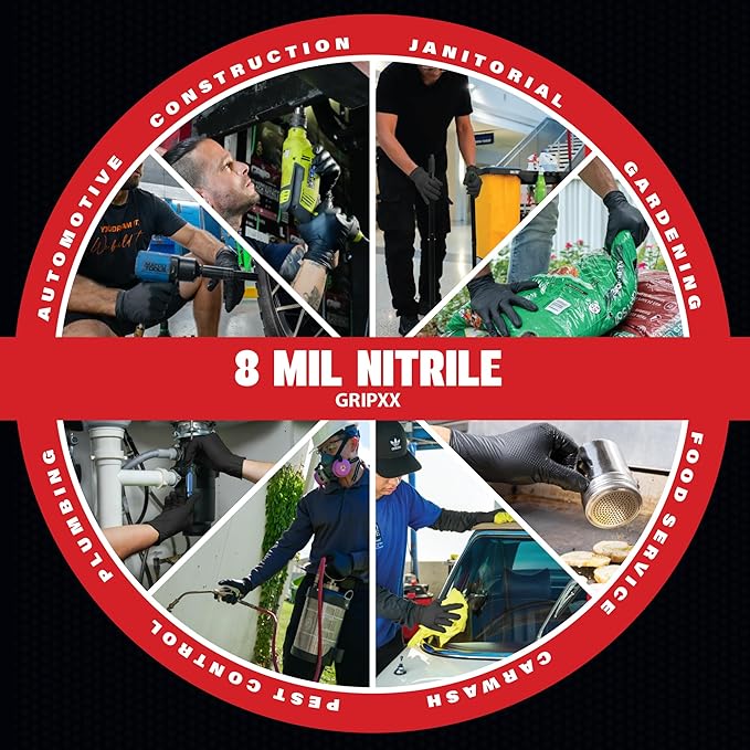 Herkules Grip Heavy Duty 8Mil Black Nitrile Gloves,3D Raised Diamond Texture-Latex & Powder-Free Industrial, Mechanic