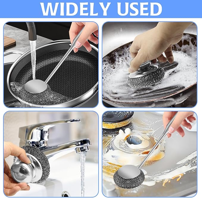 2Pcs Stainless Steel Wool Scrubber Sets, Dish Scrubber with Long Short Handle Stainless Steel Scrubber Cleaning Brush Metal Scrubber with Replacement, Steel Scrubber for Dishes Tableware Home Kitchen