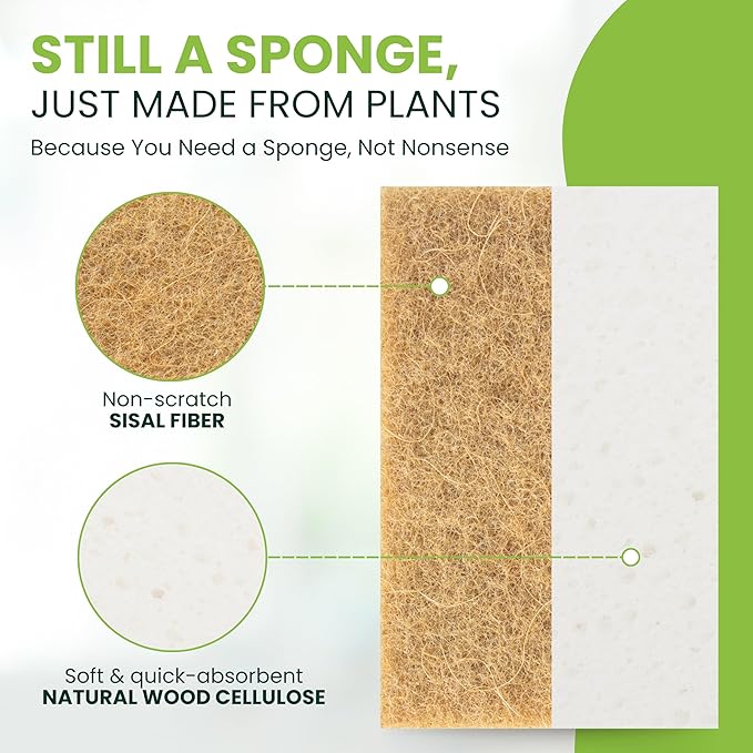 Tieralia Natural Dish Sponge Set – 12-Pack Eco-Friendly & Compostable Scrubbers | Cellulose & Sisal | Non-Toxic, Odor-Free, Reusable Kitchen Sponges for Dishes, Sink, Pots & Pans