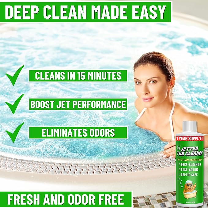 Jetted Tub Cleaner For Bathtub Jets - Whirlpool & Jacuzzi Tubs, Fast Acting, Best Spa Cleaner Chemical For The Jets And The Tubes, Pro Grade Heavy Duty, Made In USA, 16 oz