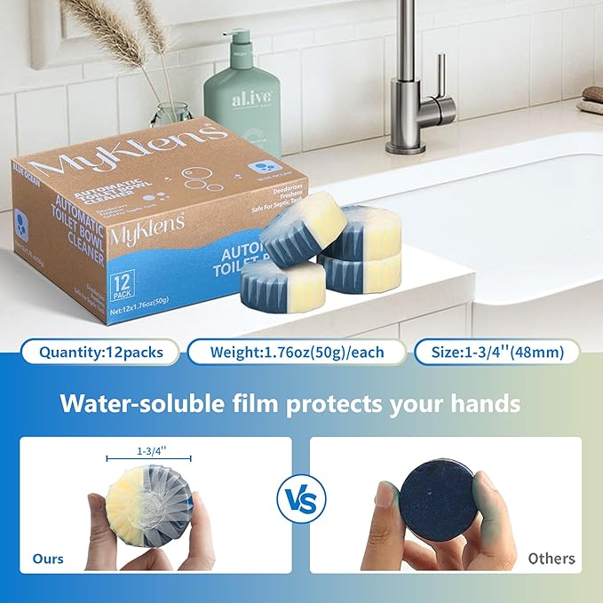 Toilet Bowl Cleaner Tablets, Automatic Toilet Bowl Cleaners, Long-Lasting Toilet Tabs Drop in Tank for Deodorizing & Descaling, Blue & Yellow, 12 Packs