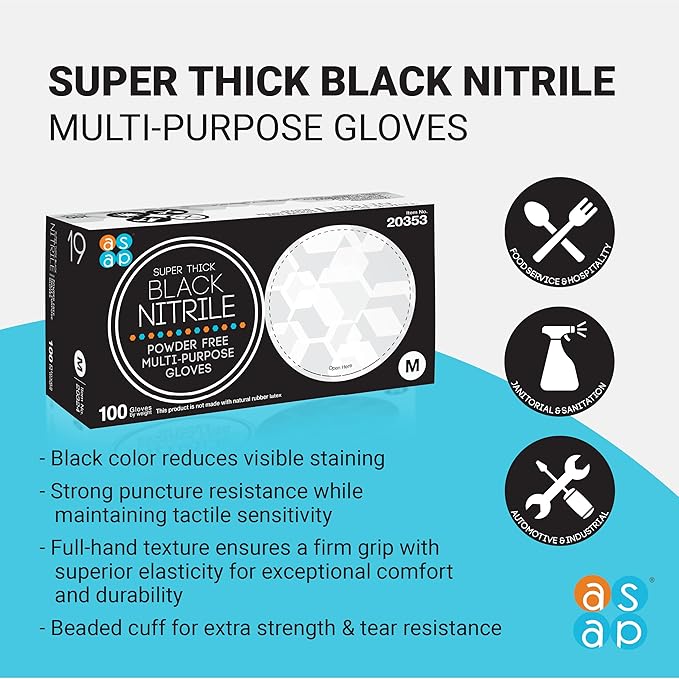 ASAP Thick Black Nitrile Gloves Disposable Latex Free - 6 Mil, Powder Free, Food Safe, Kitchen & Mechanic