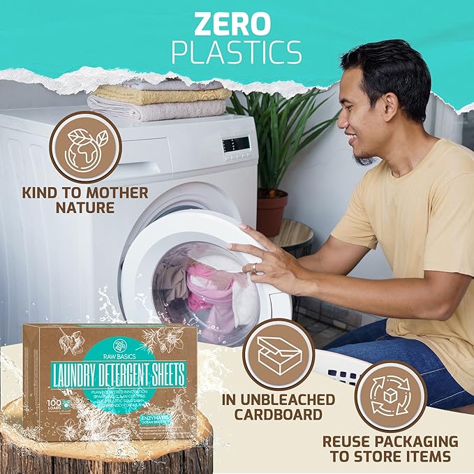 Laundry Detergent Sheets - Ocean Breeze Scent - Zero Waste, Plastic Free Natural Soap - Travel Size Essentials for Washing Clothes, 100 Loads