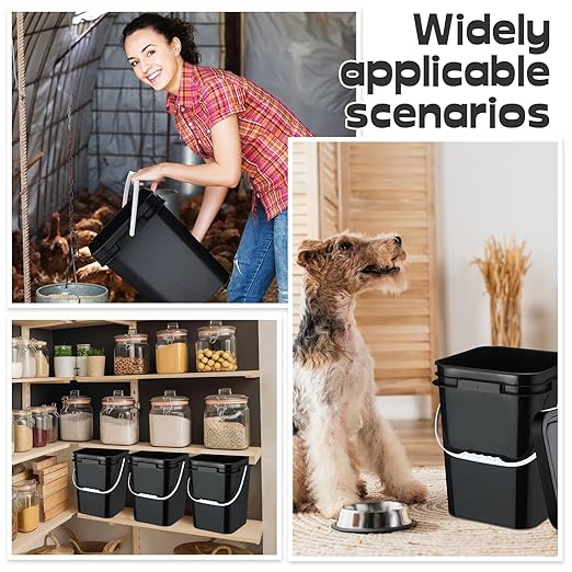 Vesici 6 Pcs 5 Gallon Food Grade Square Buckets with Lids 5 Gal Plastic Food Storage Square Bucket Heavy Duty Industrial Pail Container with DIY Label Stickers Handles for Water Painting(Black)