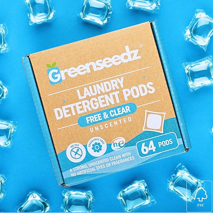 Laundry Detergent Pods Free & Clear, Unscented, 64 Count, Eco Friendly, Biodegradable, HE Compatible, Powerful Stain & Odor Removal, Skin Friendly