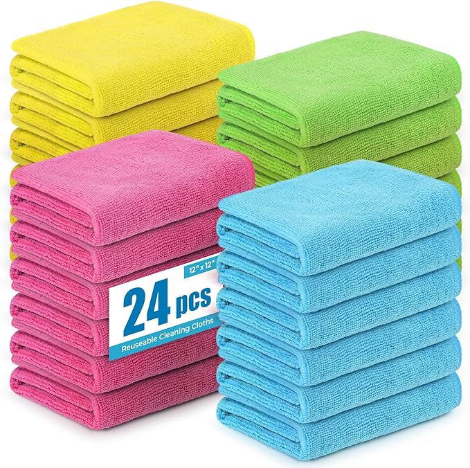 Microfiber Cleaning Cloths 12”x12” 24Pack Lint Free Kitchen Cloths - Extra Thick, Streak-Free, Lint-Free, Fast Absorbent - Reusable Multi-Purpose Housekeeping Rags for Cars, Dishes, Floors, Tiles