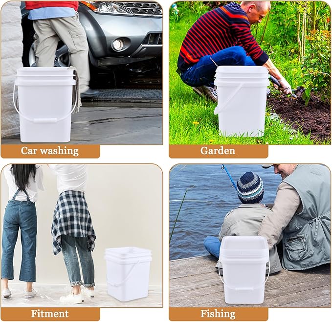 White Plastic 5 Gallon Cleaning Bucket with Handle, Square Bucket with Disposable Seal Lid for Food, All Purpose Pail, 4 Packs