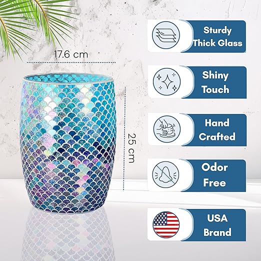 Escenzy Mermaid Bathroom Trash Can Mosaic Glass 5L | Decorative Small Garbage Can | 7" x 10" | Luxury Waste Basket for Restroom, Office, Bedroom & Kitchen | Shiny Glass Mermaid Bathroom Accessories
