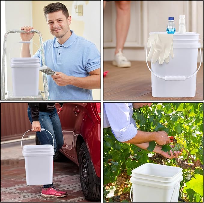 Asking 5 Gallon Versatile Square Plastic Storage Bucket Pail with Lid, 4 Pack Plastic Cleaning Bucket Pail with Handle, White