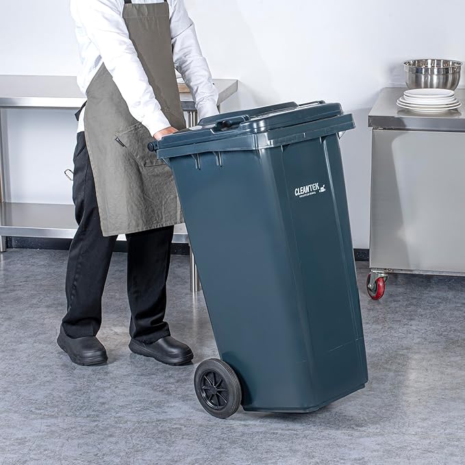 Restaurantware-Clean Tek Professional 32 Gallon Trash Can With Wheels, 1 Garbage Can With Lid - Step-On Attachment Sold Separately, Rectangle, Gray Plastic Dustbin, Long-Lasting, For Outdoor