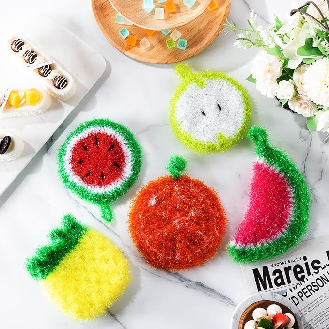 Kenning 16 Pcs Dish Scrubber Non Scratch Dish Washing Scrubbers Reusable Household Cleaning Kitchen Tools for Dishwashing Washing Dishes Cookware Tubs Sinks(Fruit)