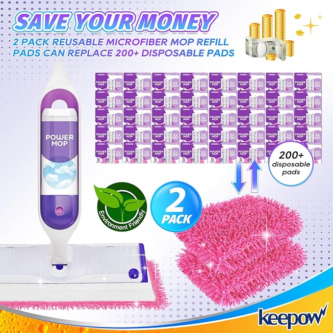 Reusable Power Mop Refills Pads Compatible with Swiffer PowerMop Mop - Microfiber Power Mop Pads Refill for 13 ''-15 '' Spray Mop- Washable Pads for Multi-Surface Floor Cleaning, 4 Pack