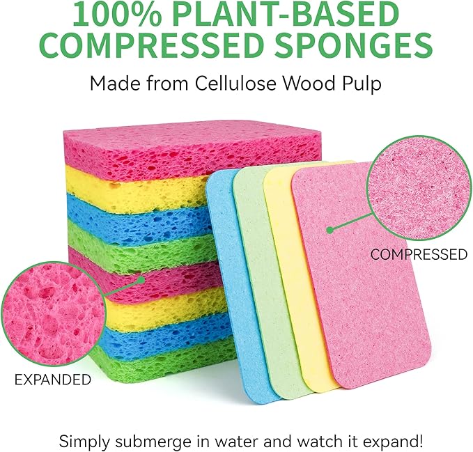 12-Count Kitchen Sponges | Compressed Cellulose Sponges | Non-Scratch Natural Dish Sponge for Kitchen Bathroom and Cars,Colorful Funny Cut-Outs DIY