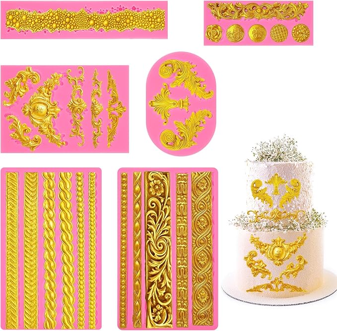 6Pcs Baroque Embossed Cake Decorating Mold, Silicone Fondant Molds Cake Border Fondant Molds for Chocolate Candy Mousse Butter Biscuit Marzipan Sugar Craft Cakes