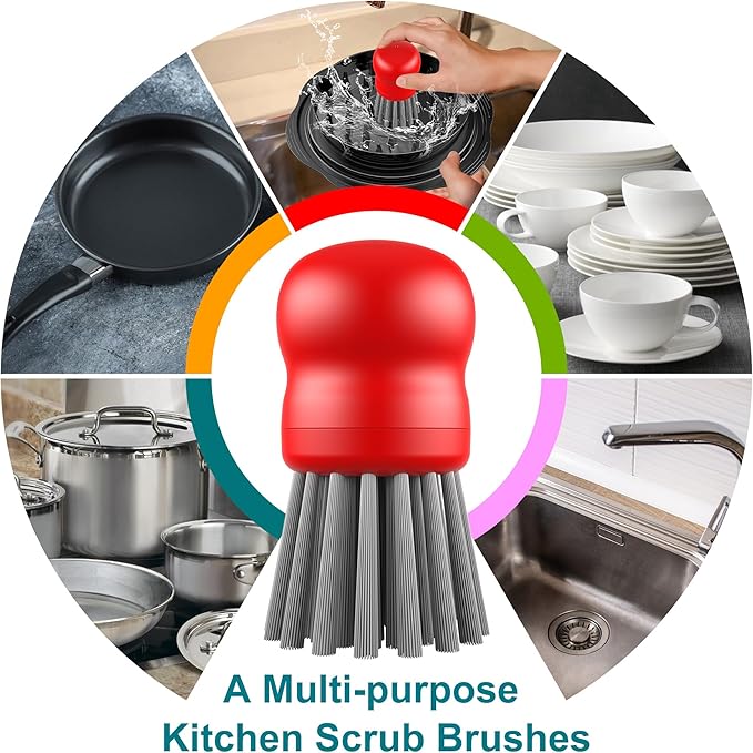 Mini Dish Brush for Cleaning Chicken Shredder, Palm Brush Dish Scrubber with Ergonomic Grip, Kitchen Brush for Washing Dishes, Pans, Pots, Sink, 1 Pack (Red)