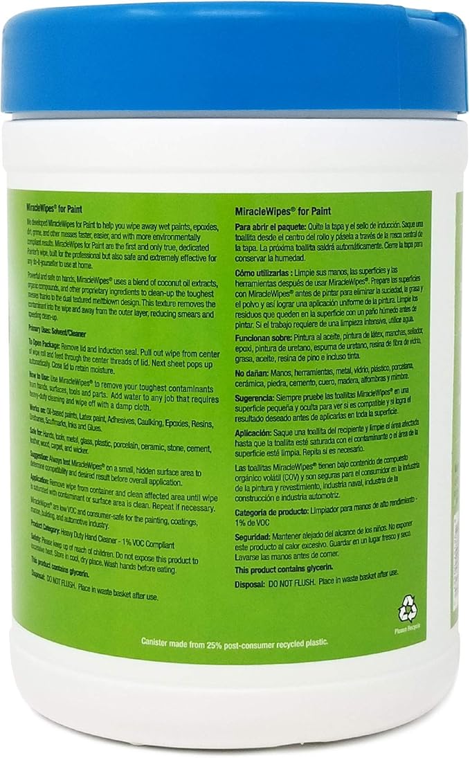 MiracleWipes for Paint Prep & Cleanup, Remove Tough Grime Build-Up, Wet Paint, Caulking, Epoxy, Colorant, and more from Hands, Surfaces, & Tools - 60 Count
