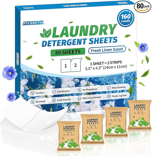 FIXSMITH Laundry Detergent Sheets - 160 Loads (80 Sheets) Fresh Linen Scent - Hypoallergenic,Eco Friendly Laundry Detergent Strips Ultra-Concentrated Travel Detergent Sheets.Plastic-Free,Liquidless.