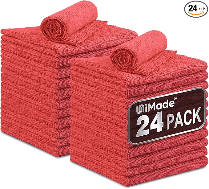 Shop Towels, 24 Pack Commercial Grade Shops Rags Microfiber Towel for Cars Cleaning Rags Bulk Clean Cloth for Automotive Bar Mechanic Restaurant Garage Housekeeping, 11.5"x 11.5", Red