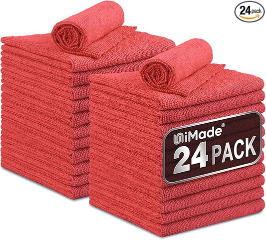 Shop Towels, 24 Pack Commercial Grade Shops Rags Microfiber Towel for Cars Cleaning Rags Bulk Clean Cloth for Automotive Bar Mechanic Restaurant Garage Housekeeping, 11.5"x 11.5", Red