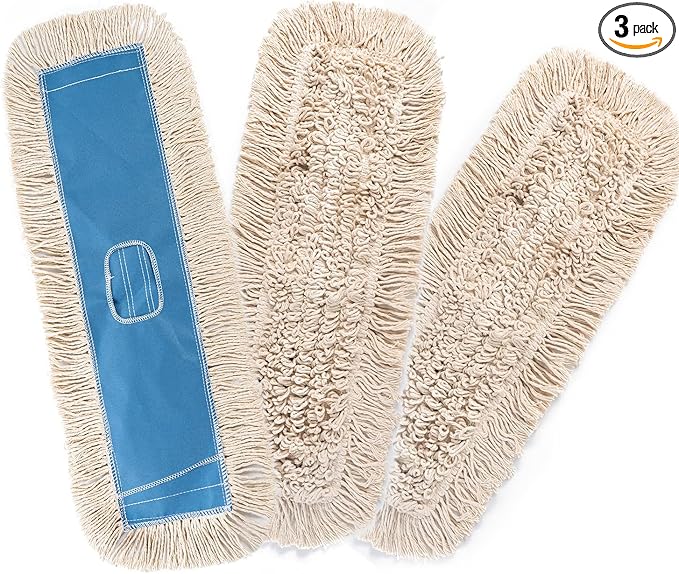 Matthew Cleaning 24'' Industrial Strength Cotton Dust Mop Refill Washable Replacement Heads for Residential & Commercial Use Fit Standard Dust Mop Frames, Hardwood,Concrete Floors Blue&White 3 Pack