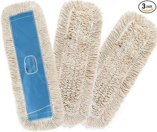 Matthew Cleaning 24'' Industrial Strength Cotton Dust Mop Refill Washable Replacement Heads for Residential & Commercial Use Fit Standard Dust Mop Frames, Hardwood,Concrete Floors Blue&White 3 Pack