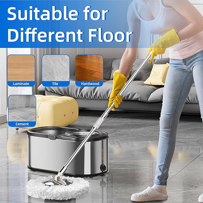 Spin Mop and Bucket with Wringer Set for Home,360° Mop and Bucket with Separate Clean and Dirty Water,Wet Dust Mop for Floor Cleaning with Extra Refills (Silver)