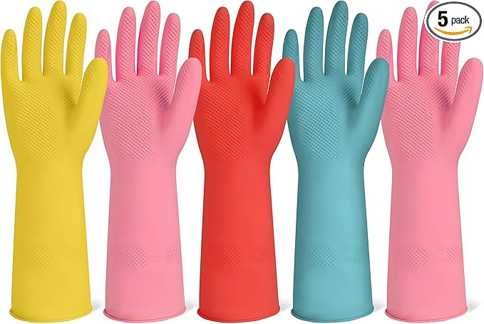 Rubber Cleaning Gloves for Dishwashing-5 Pairs Colorful Reusable Household Cleaning Glove for Washing Dishes and Kitchen Cleaning Non-Slip Grip Dish Gloves for Women Men (Medium)