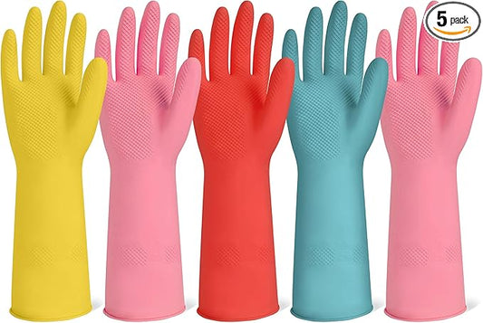 Rubber Cleaning Gloves for Dishwashing-5 Pairs Colorful Reusable Household Cleaning Glove for Washing Dishes and Kitchen Cleaning Non-Slip Grip Dish Gloves for Women Men (Medium)
