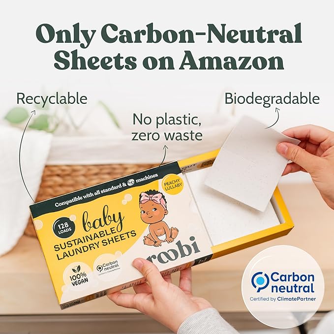 Roobi Baby Laundry Detergent Sheets. Specially Formulated for Sensitive Skin. Newborns, Infants & Toddlers Clothes. Peachy Lullaby Scent. Up to 128 Loads