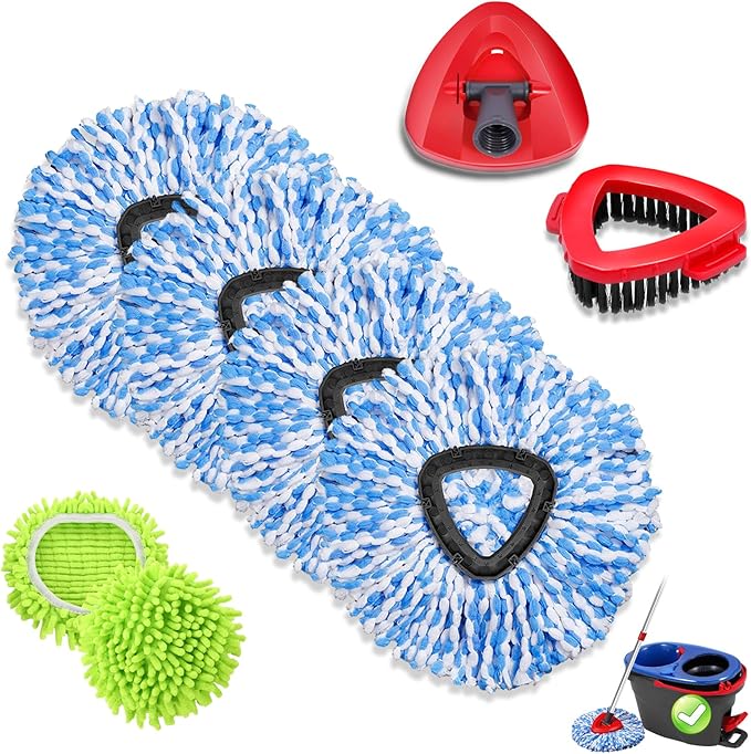 Microfiber Spin Mop Head Replacement 4 Pcs & 2 Chennile Mop Replace & 1 Scrub Brush & 1 Base Combo for Oceda RinseClean 2-Tank System,Mop Replacements Head,Machine Washable for Tub and Tile