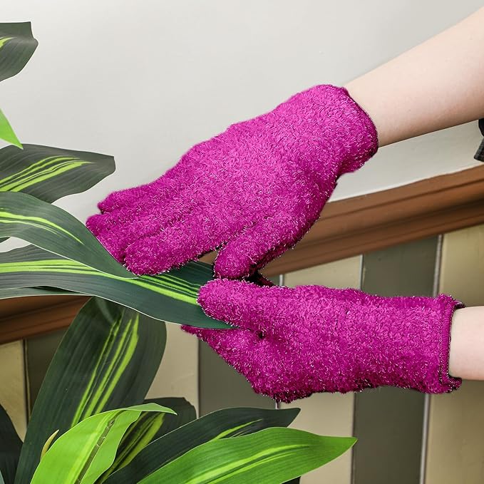Patelai 3 Pairs Microfiber Plant Dusting Gloves Leaf Cleaning Gloves for Indoor Plants, Blinds, Furniture, House(Medium,Purple, Rose Red, Black)