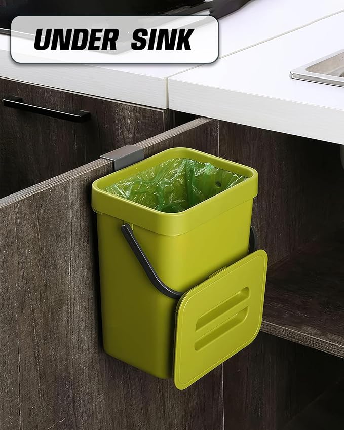 Compost Bin for Kitchen Countertop 5L/1.3 Gal Hanging Small Trash Can with Lid, Kichen Under Sink Trash Can, Wall Mount Indoor Compost Bucket with Lid(Lime Green)