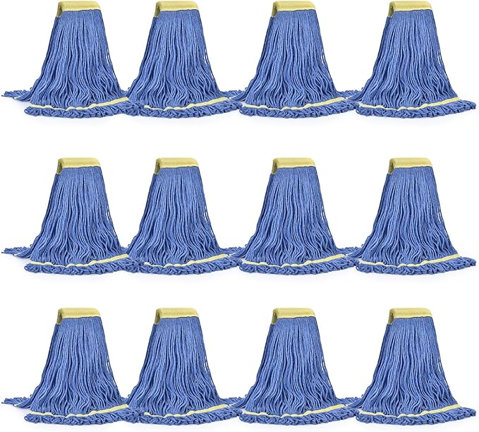 Matthew Cleaning Commercial Mop Head Replacement, 5 Inch Wide Headband, Looped End Cotton Blend String Wet Mops for Floor Cleaning, 24 oz Large, Case Pack 12 Pcs Blue