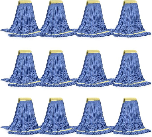 Matthew Cleaning Commercial Mop Head Replacement, 5 Inch Wide Headband, Looped End Cotton Blend String Wet Mops for Floor Cleaning, 24 oz Large, Case Pack 12 Pcs Blue