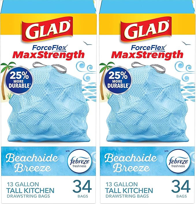 Glad ForceFlex MaxStrength Tall Kitchen Drawstring Trash Bags, 13 Gallon, Beachside Breeze with Febreze Freshness, 34 Count (Pack of 2)