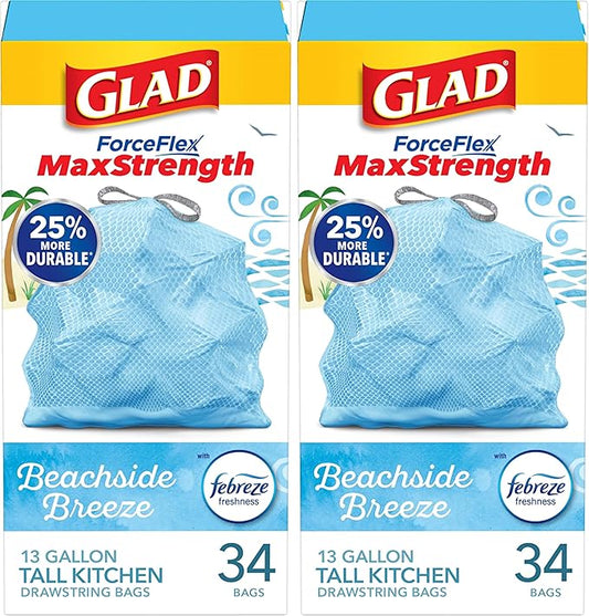 Glad ForceFlex MaxStrength Tall Kitchen Drawstring Trash Bags, 13 Gallon, Beachside Breeze with Febreze Freshness, 34 Count (Pack of 2)
