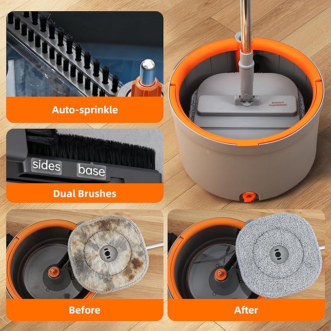 Mop and Bucket Set, Spin Mop with Dirty Water Self Separation System with 4 Mop Head Replacement, Self Cleaning Mops and Buckets System with Mop Scraper for Household Use Floor Cleaning