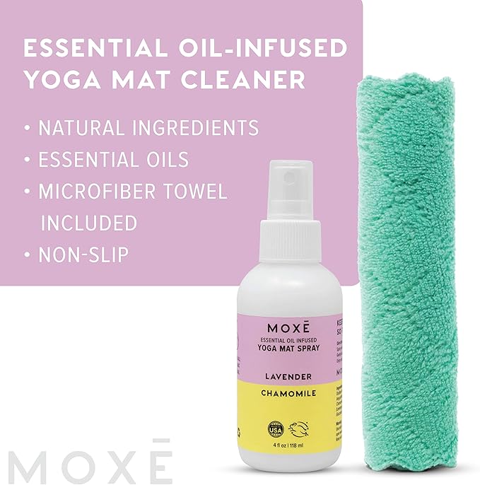 MOXE Yoga Mat Cleaner Spray, Lavender & Chamomile Essential Oil, Safe for All Mats & Exercise Equipment, Odor & Sweat Protection, Includes Microfiber Cleaning Towel, 4 Oz (2 Pack)