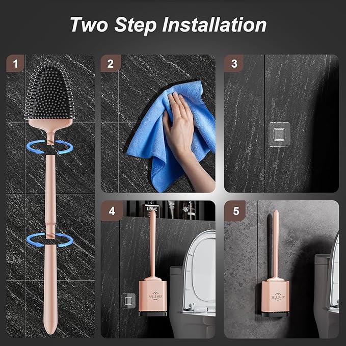 Sellemer Toilet Brush and Holder Set - Flexible Toilet Bowl Brush Head with Silicone Bristles, Compact Size for Storage and Organization, Ventilation Slots Base (1 Pack, Rose Gold)