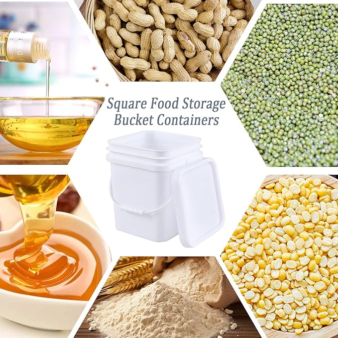 Bringer 4 Pcs 5 Gallon Square Plastic Bucket Pail with Lid, White Utility Square Food Storage Pail