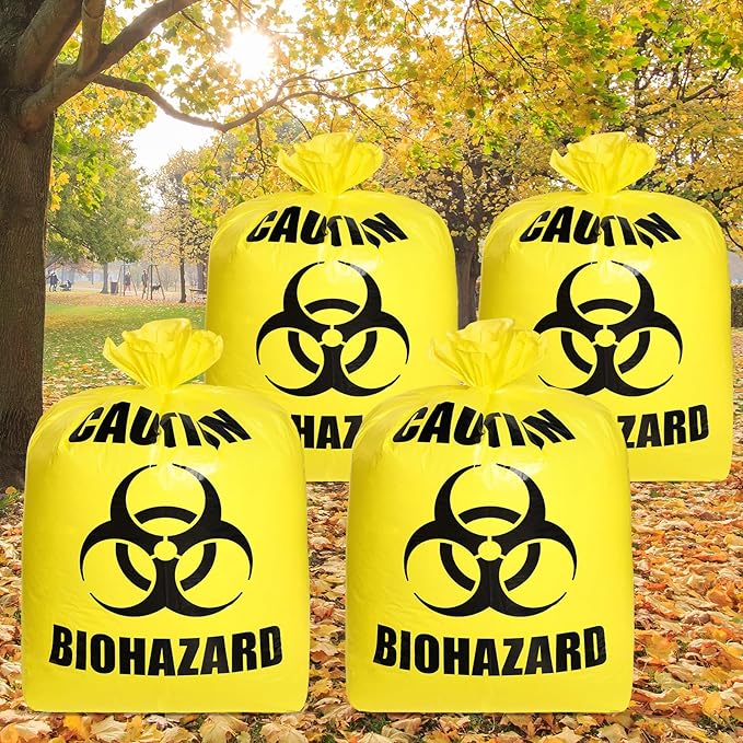 Qilery 4 Pcs Large Halloween Leaf Trash Bags Outdoor Plastic Lawn Waste Bags Biohazard Party Trash Bag Halloween Garden Outdoor Biohazard Zombie Party Decorations