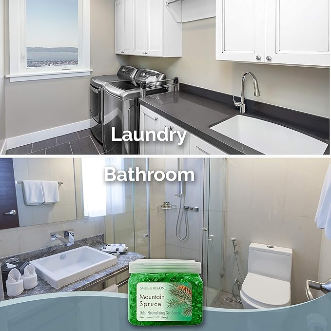 SMELLS BEGONE Odor Eliminator Gel Beads - Air Freshener - Made with Essential Oils - Eliminates Odors in Pet Areas, Bathrooms, Boats, RVs & Cars - Mountain Spruce Scent - 12 Ounce - 2 Pack