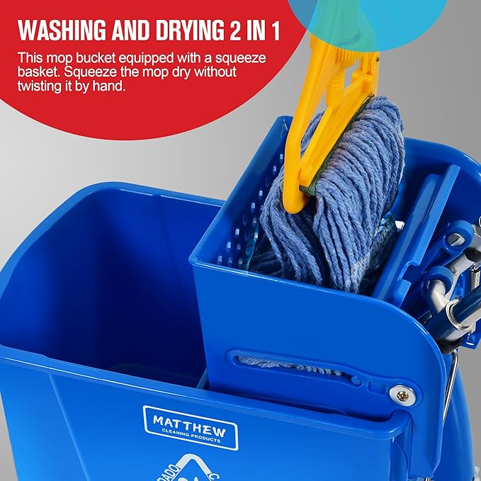 MATTHEW Cleaning Blue 22Quart Compact Mop Bucket INCL.2 Pcs Mop Head with Side Press Wringer On Wheels,Tandem Portable Floor Cleaning Wavebrake,Ideal for Household,Industrial,Restaurant,Janitorial Use