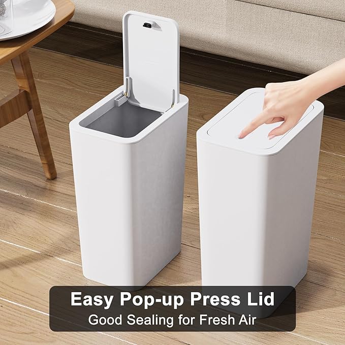 N. NETDOT 3 Pack 3 Gallon Small Trash Can with Lid, Bathroom Garbage Can with Pop-Up Lid, Waste Basket for Bathroom, Kitchen, Bedroom, Powder Room, Craft Room, Office, College (Off White)